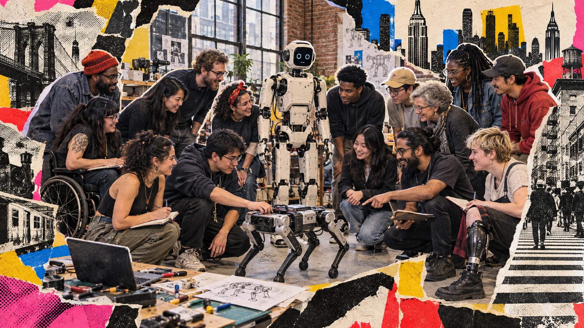 Urban poster collage of a diverse crowd gathered around a quadruped robot and a humanoid robot in a New York robotics lab
