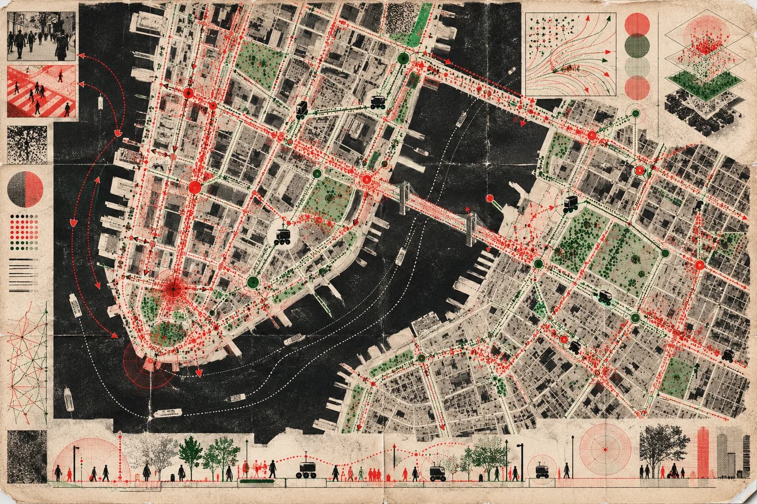 Graphic urban research map showing movement patterns and robot routes